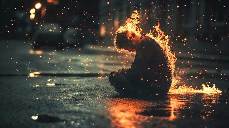 Brinnande man som sitter på våt betong i en stad