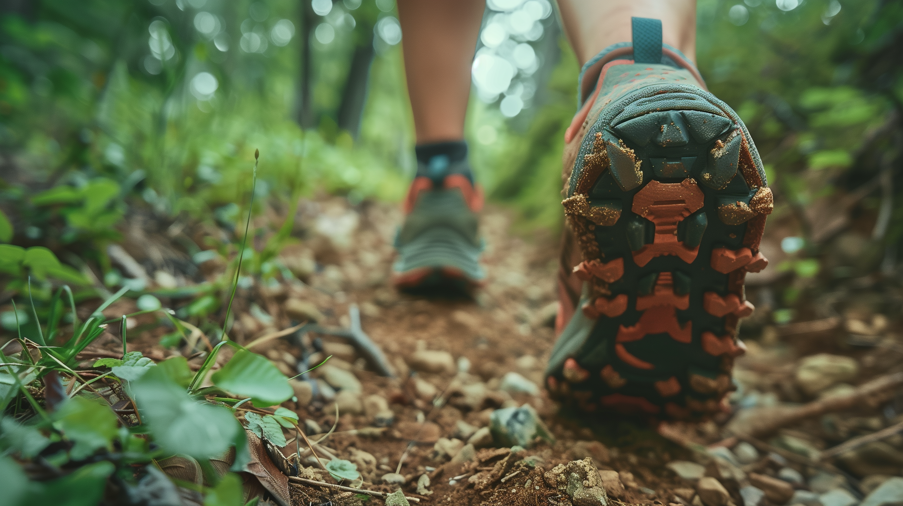 Ett par fötter som går i skogen med vandringskängor eller trailrunners.