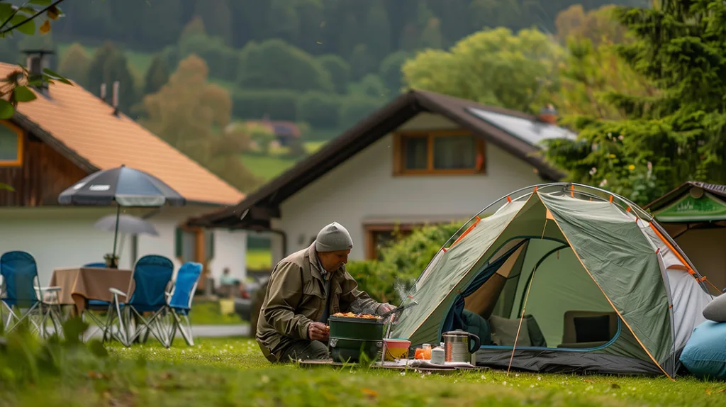 Campare sitter vid sitt tält på en villatomt och lagar mat på spritköket
