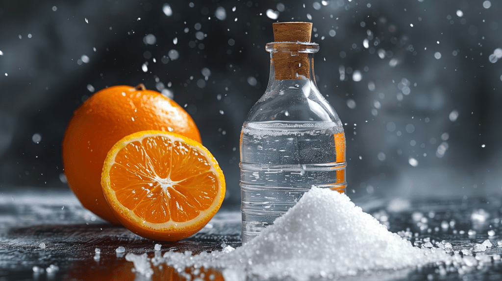 Flaska med vatten och en apelsin som sportdryck