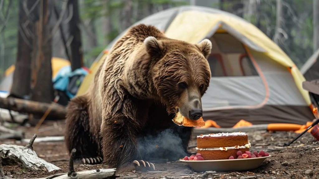 Grizzly björn som äter tårta vid ett tält