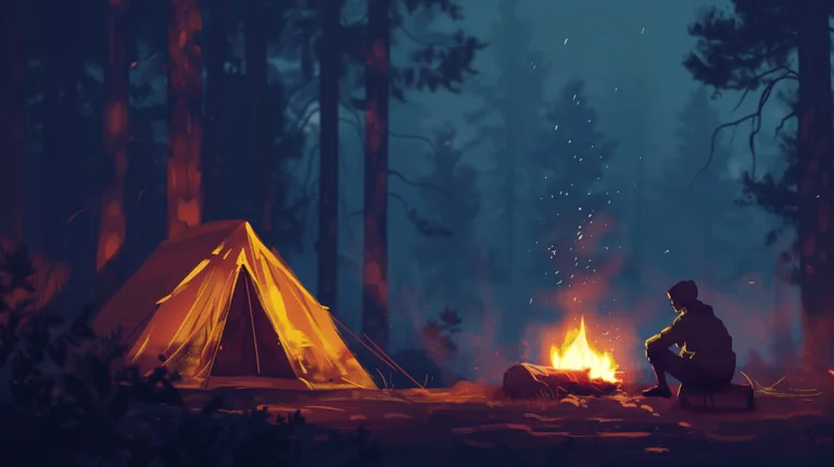 Vandrare tälta i mörkret vid en brasa i skogen intill sitt tält