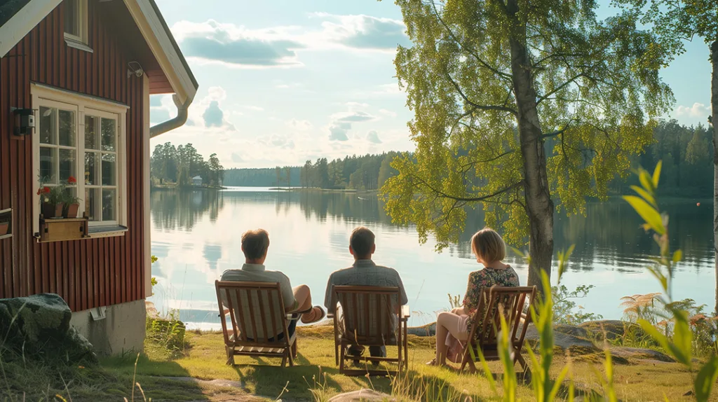 Tre personer sitte och vilar vid en sjö