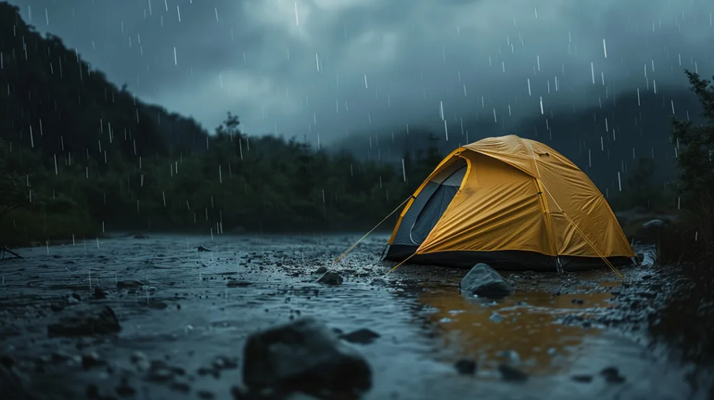 Välja tältplats så man slipper översvämningar i tältet. Gult tält i en stor pöl med vatten.