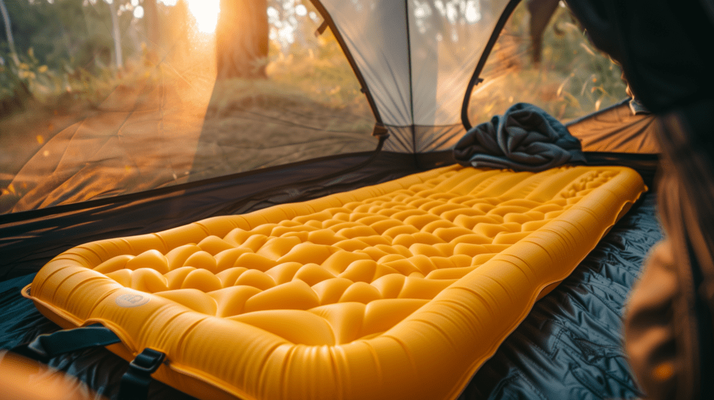 Gult uppblåsbart liggunderlag i ett tält.