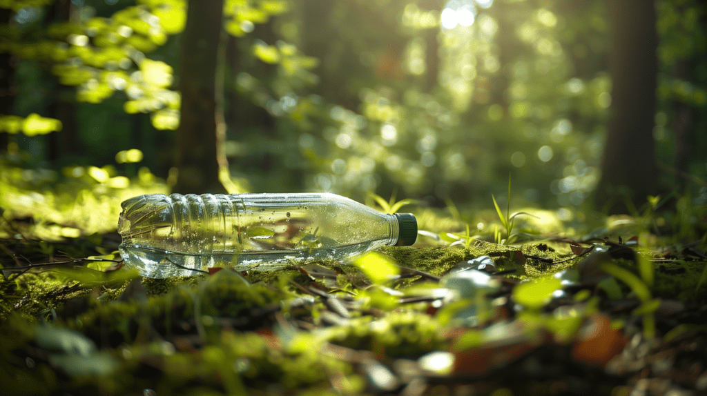 PET-flaska med vatten som ligger på marken i skogen