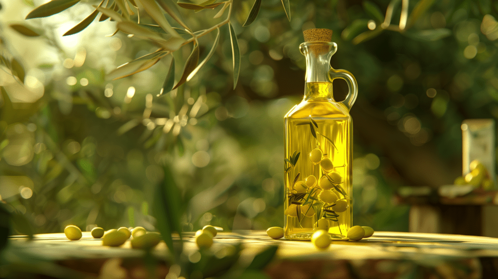 Olivolja i en genomskinlig flaska